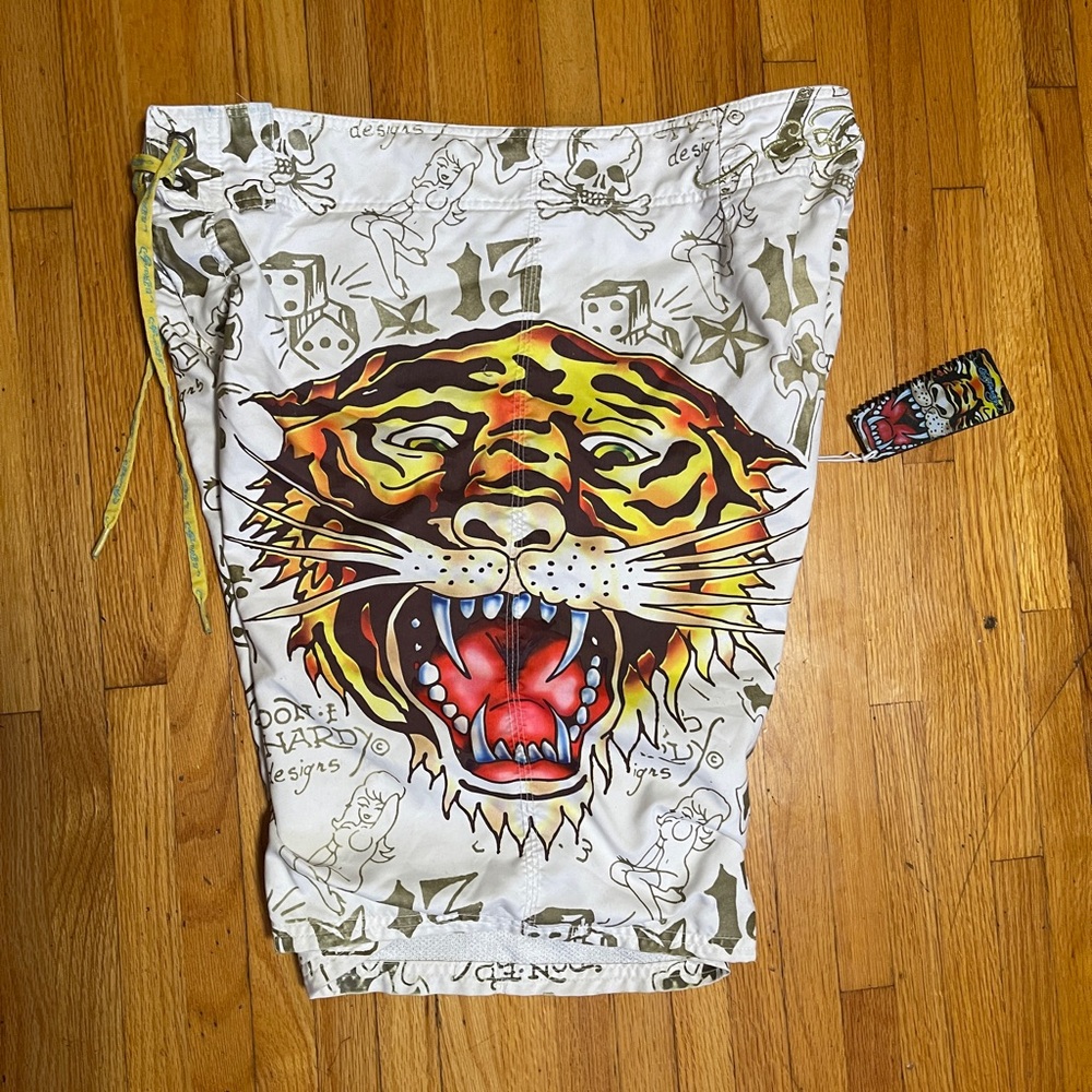Ed Hardy White and Yellow Athletic Shorts